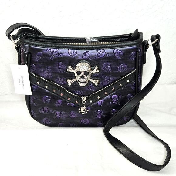Western Origin Skull Rhinestone Studded Embossed Leather Crossbody Bag NWT - Picture 1 of 3